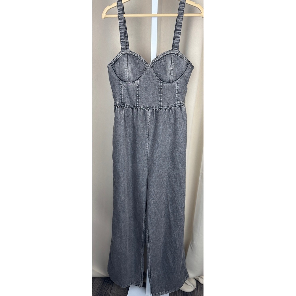 BOG Collective Black Washed Denim Wide Leg Jumpsuit Smocked Back Small‎